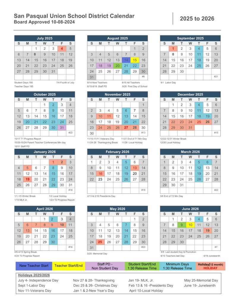 San Pasqual Union School District Calendar 25-26