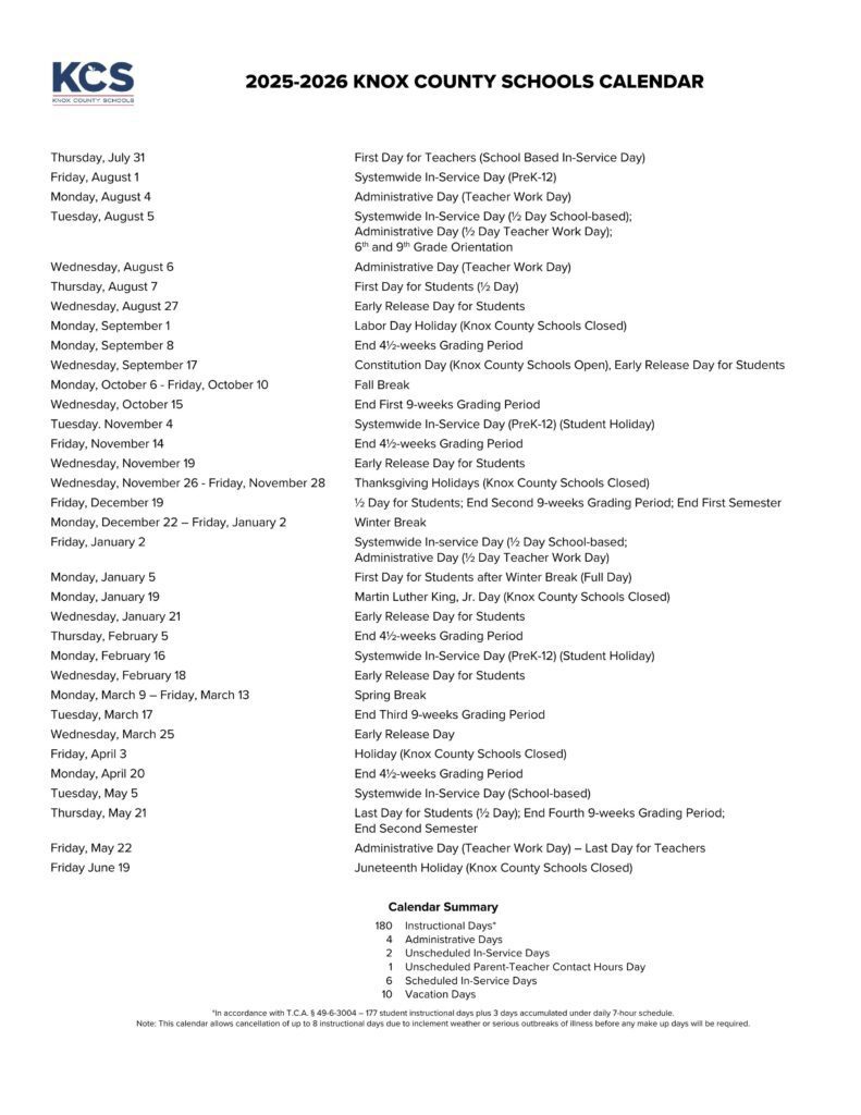 Knox County Schools calendar for 2025-2026