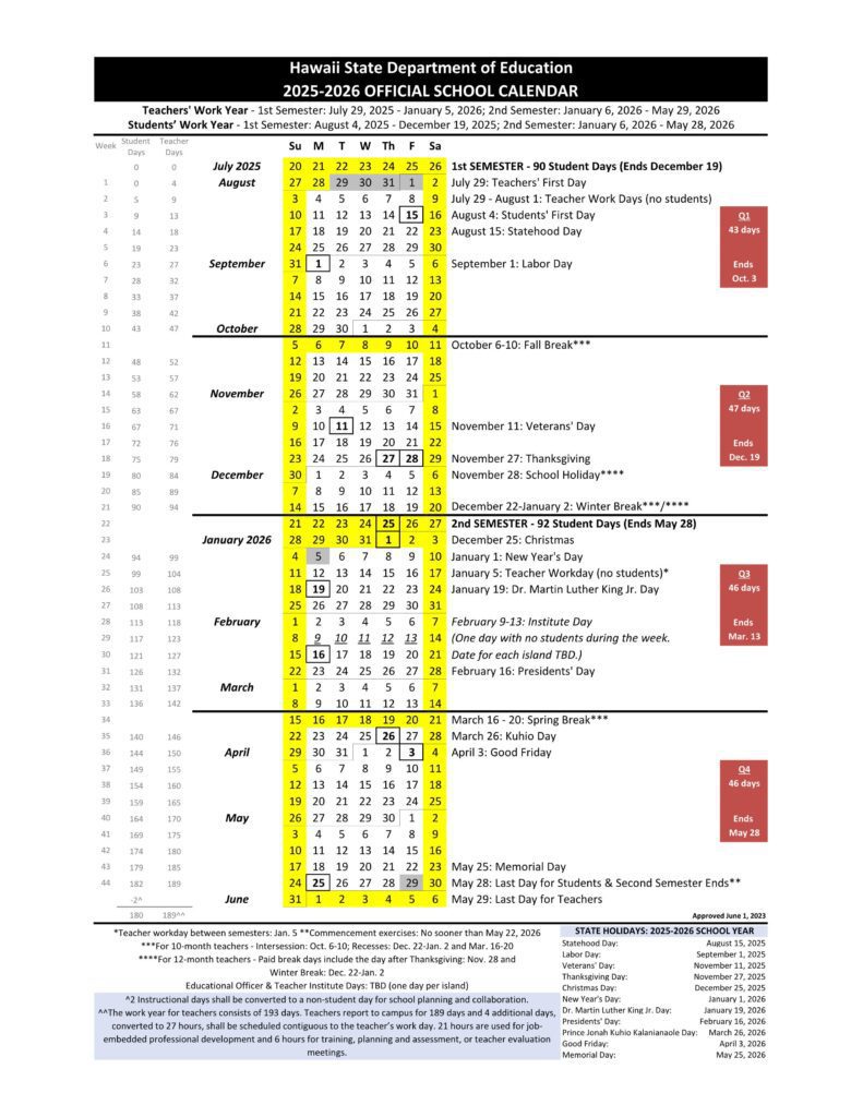hawaii doe school calendar 25-26
