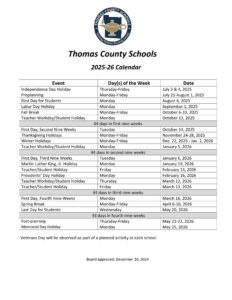 Thomas County ga schools calendar