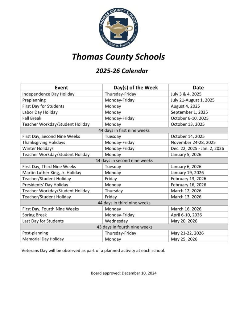 Thomas County ga schools calendar