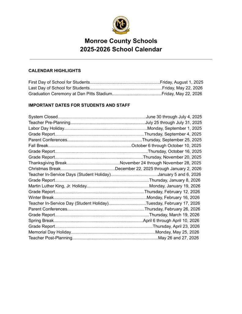 Monroe County Schools Calendar 25-26