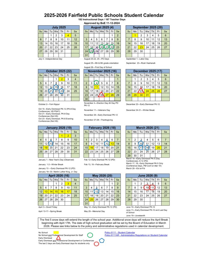 Fairfield County ct schools calendar 25-26