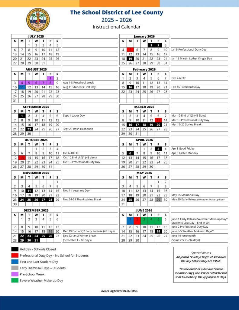LEE COUNTY FL SCHOOLS CALENDAR 25-26