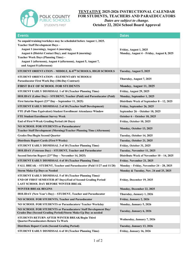 Polk county fl schools calendar 25-26
