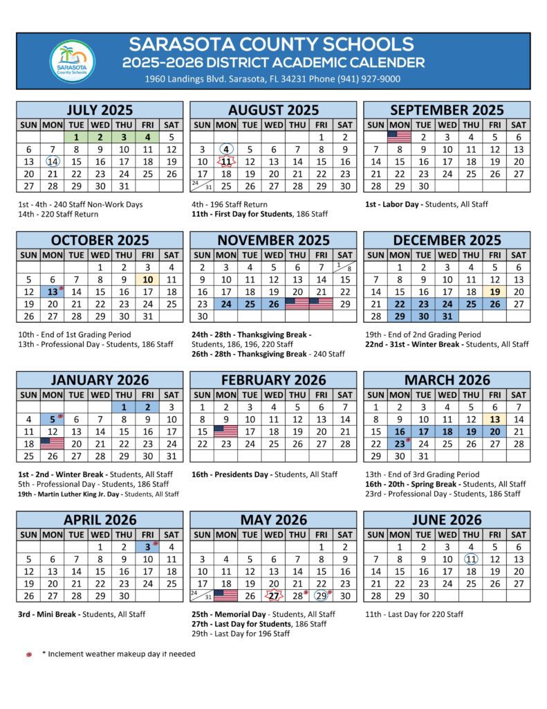 SARASOTA COUNTY SCHOOLS CALENDAR 25-26