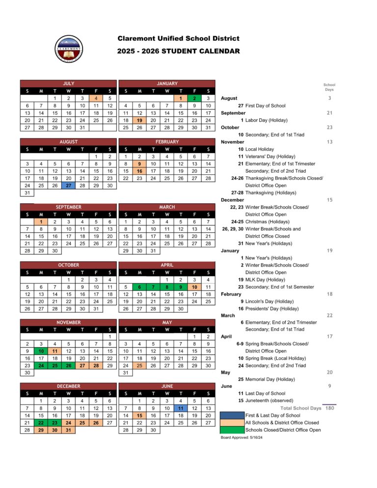 Claremont Unified School District Calendar