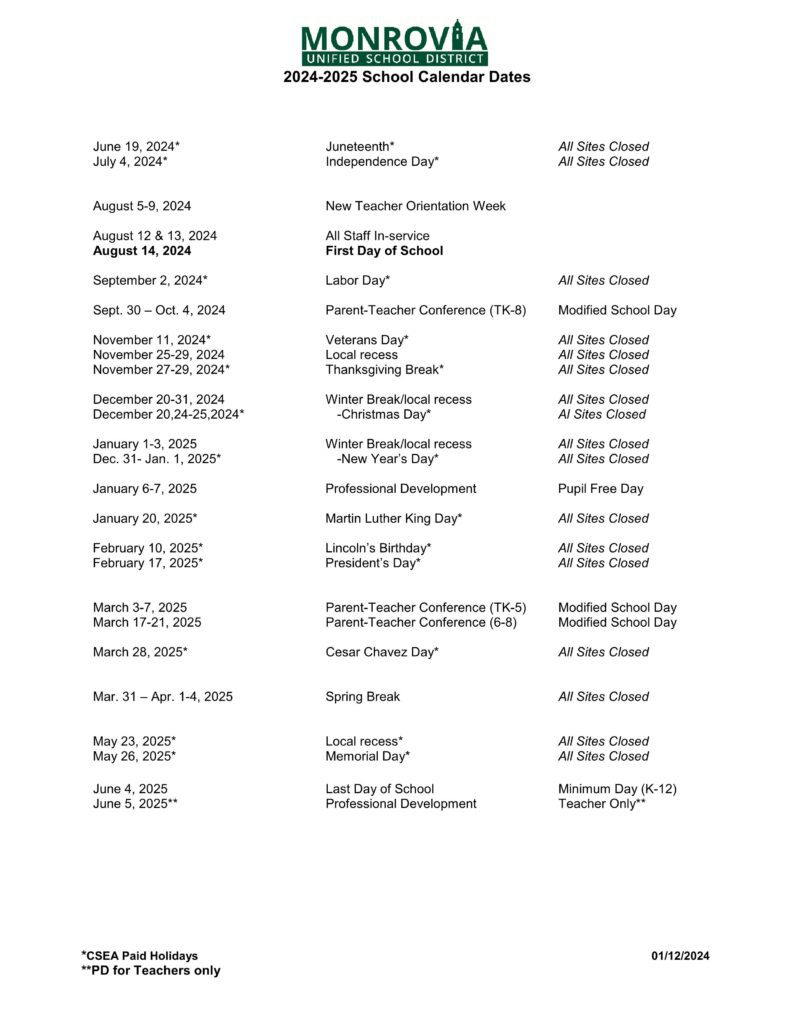 Monrovia Unified School District calenader 24-25