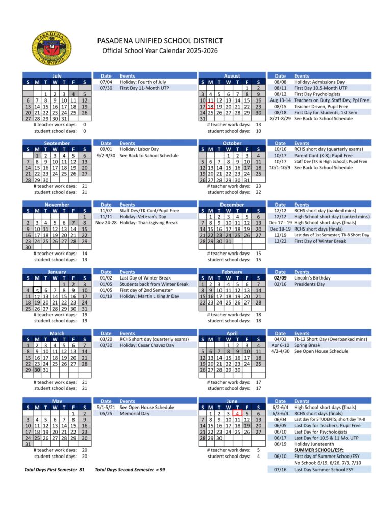 Pasadena Unified School District Calendar 25-26