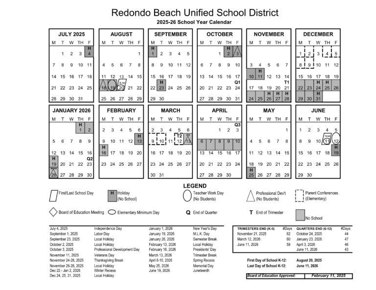 RBUSD Redondo Beach Unified School District calenader 25-26