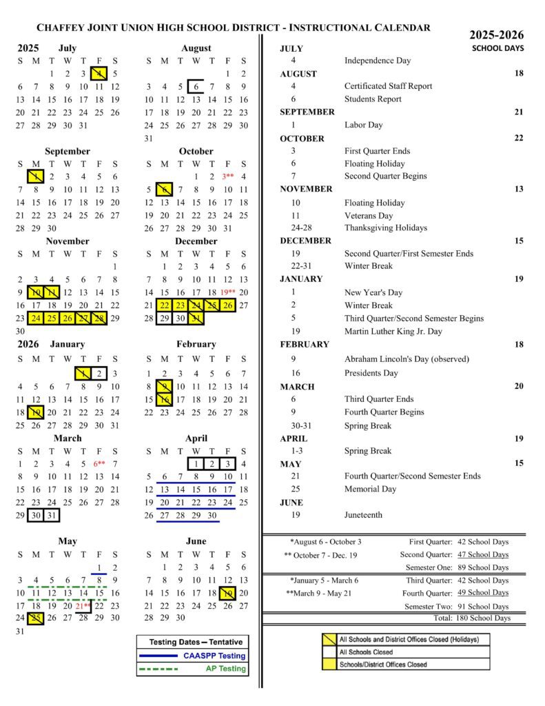 Chaffey Joint Union High School District Calendar 25-26 [PDF]