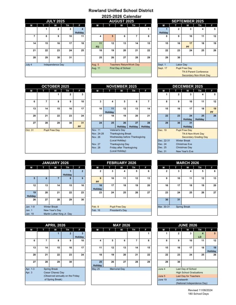 Rowland Unified School District calendar 25-26
