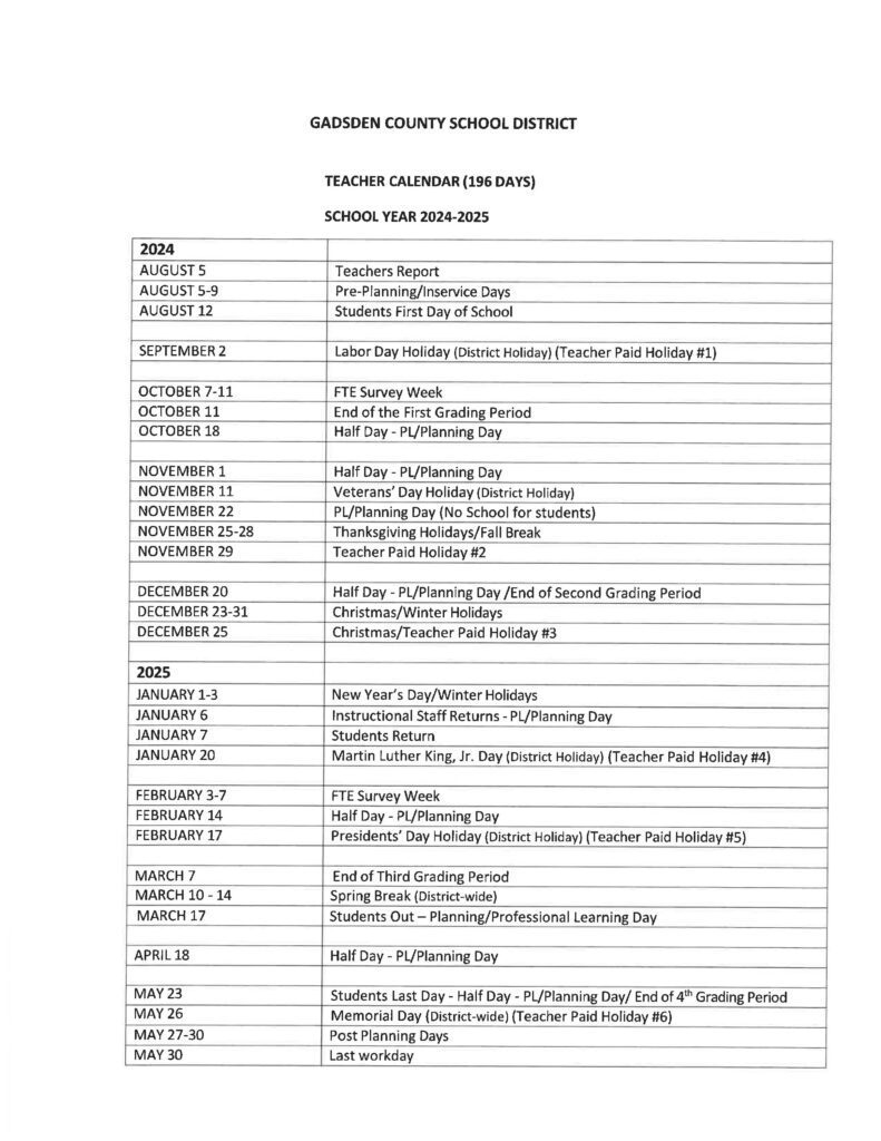 GADSDEN COUNTY SCHOOLS CALENDAR 25-26
