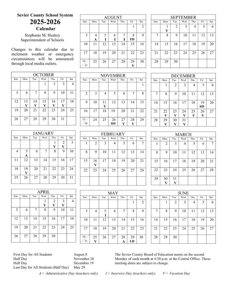 Sevier County Schools Calendar 25-26