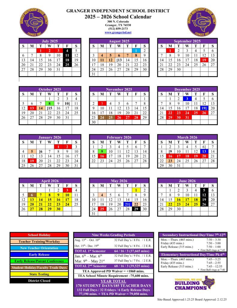 GRANGER ISD SCHOOL CALENDAR 25-26