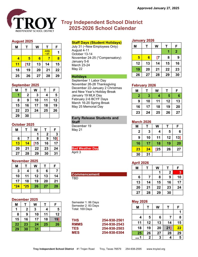 TROY ISD SCHOOL CALENDAR 25-26