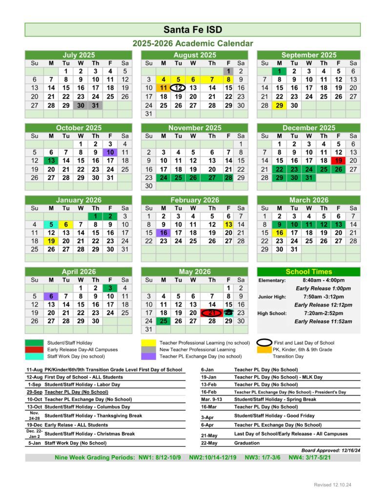 SANTA FE ISD SCHOOL CALENDAR 25-26