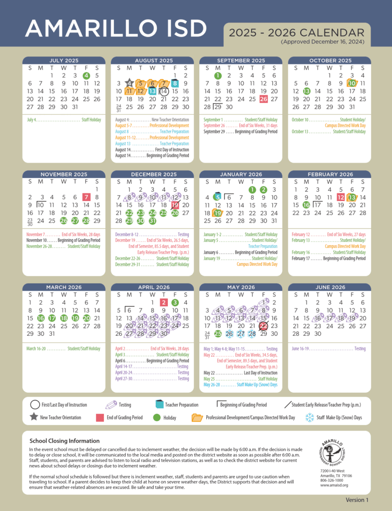 Amarillo ISD School Calendar 25-26