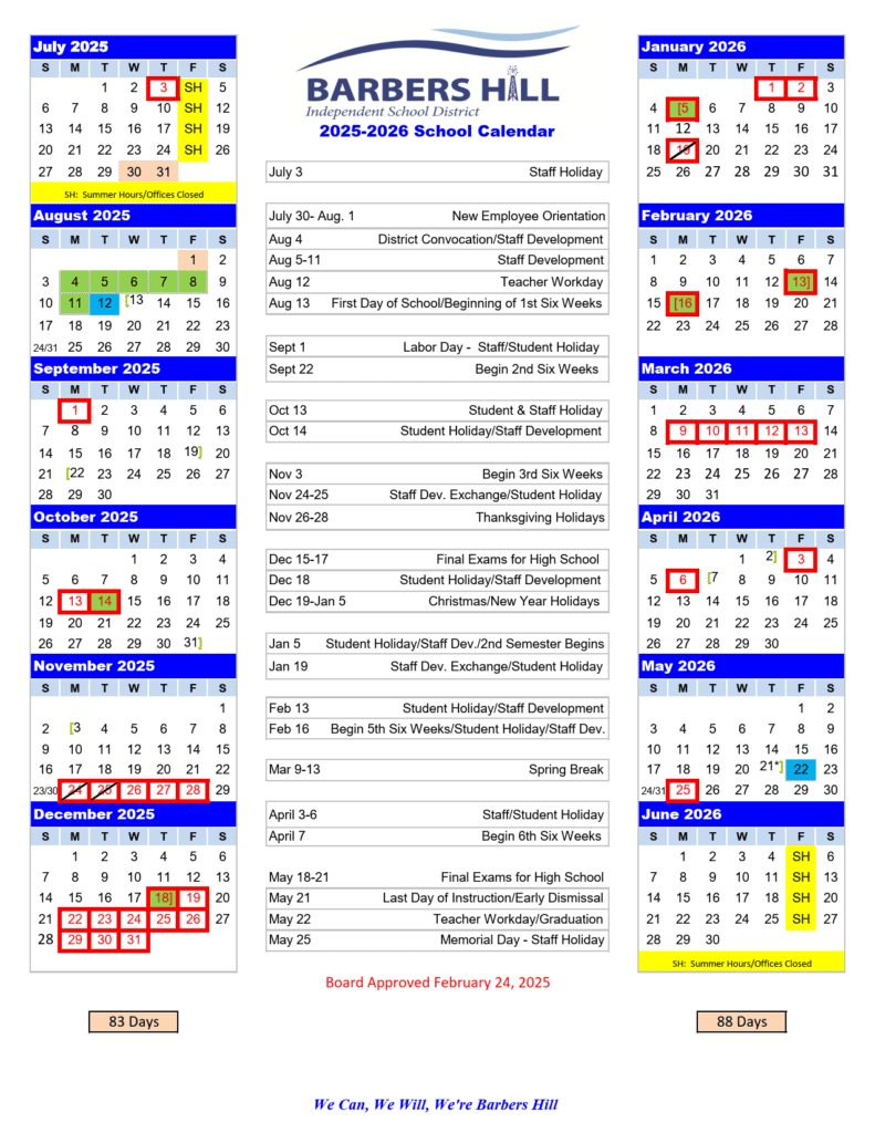 Barbers hill ISD school calendar