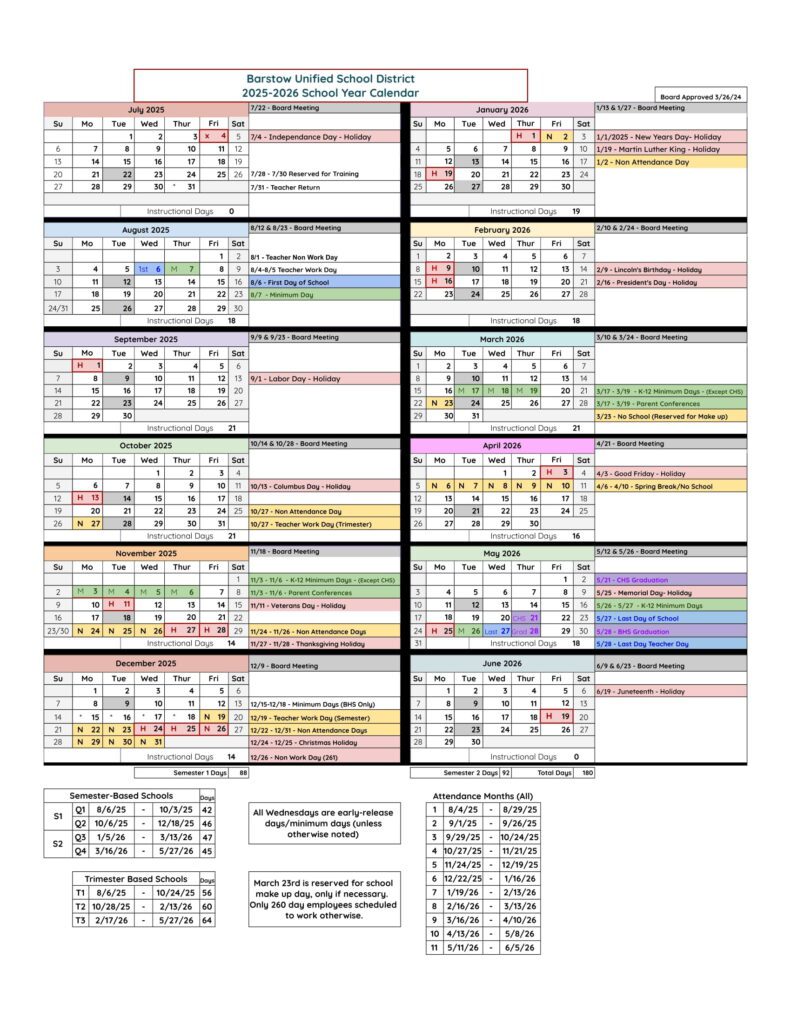 Barstow Unified School District Calendar 25-26