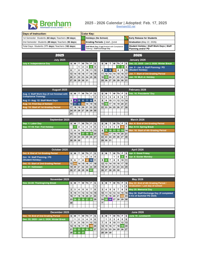Brenham ISD School Calendar 25-26