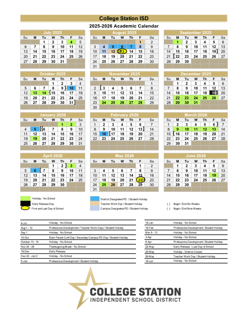 College Station ISD School Calendar 25-26