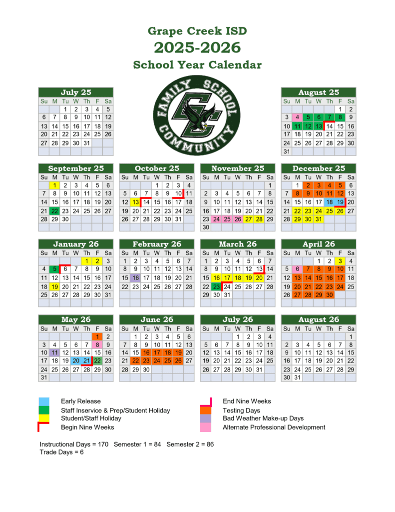 Grape Creek ISD School Calendar gcisd