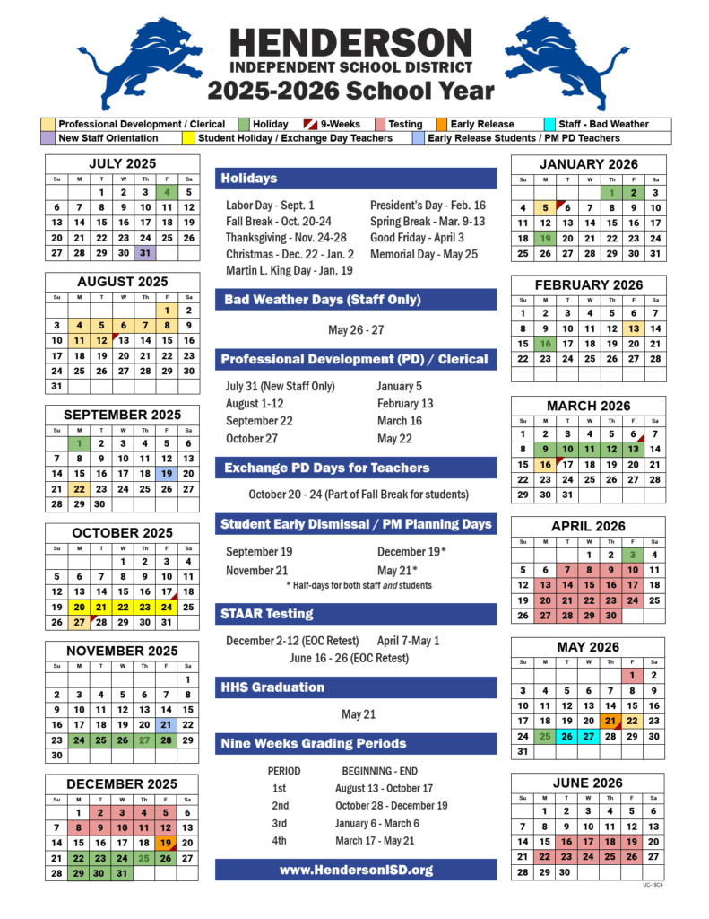 HENDERSON ISD School Calendar 25-26