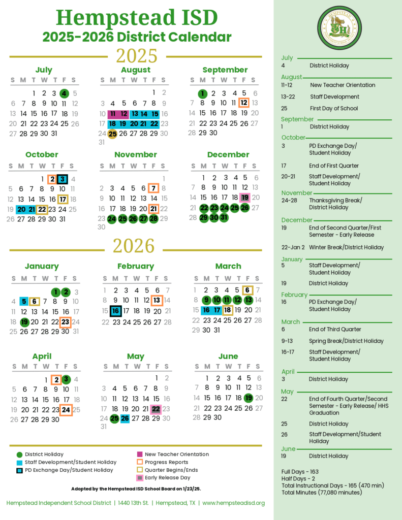 Hempstead ISD School Calendar 25-26Hempstead ISD School Calendar 25-26