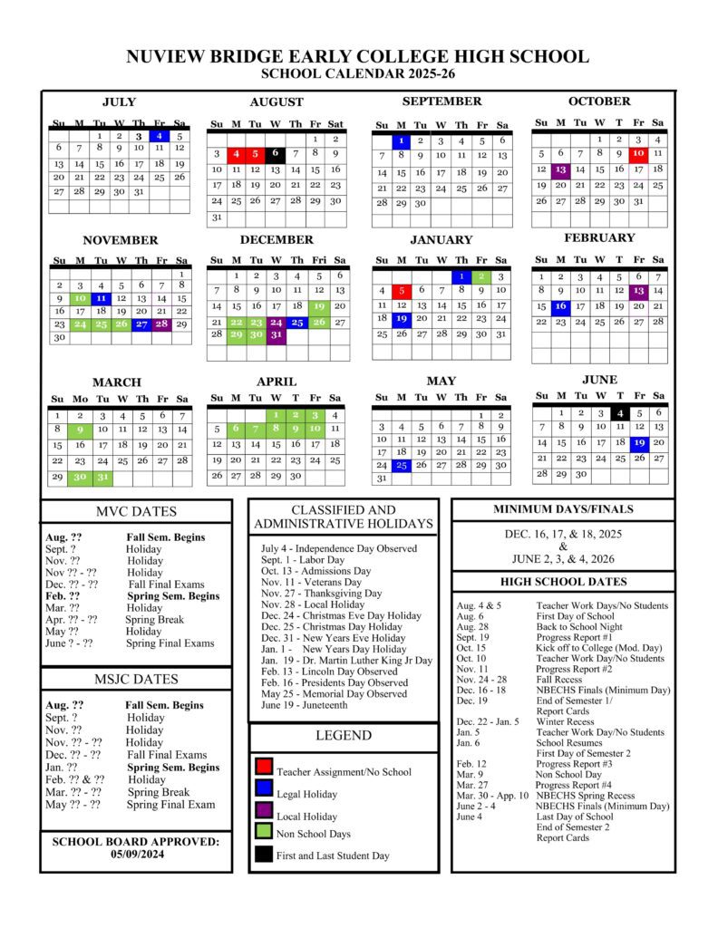 NUVIEW BRIDGE EARLY COLLEGE HIGH SCHOOL Calendar 25-26