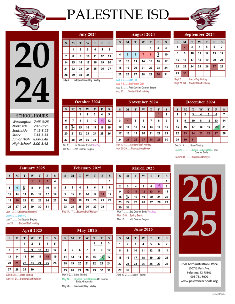 Palestine ISD School Calendar 25-26