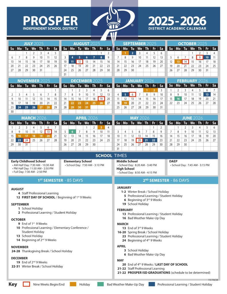 Prosper isd school calendar 25-26