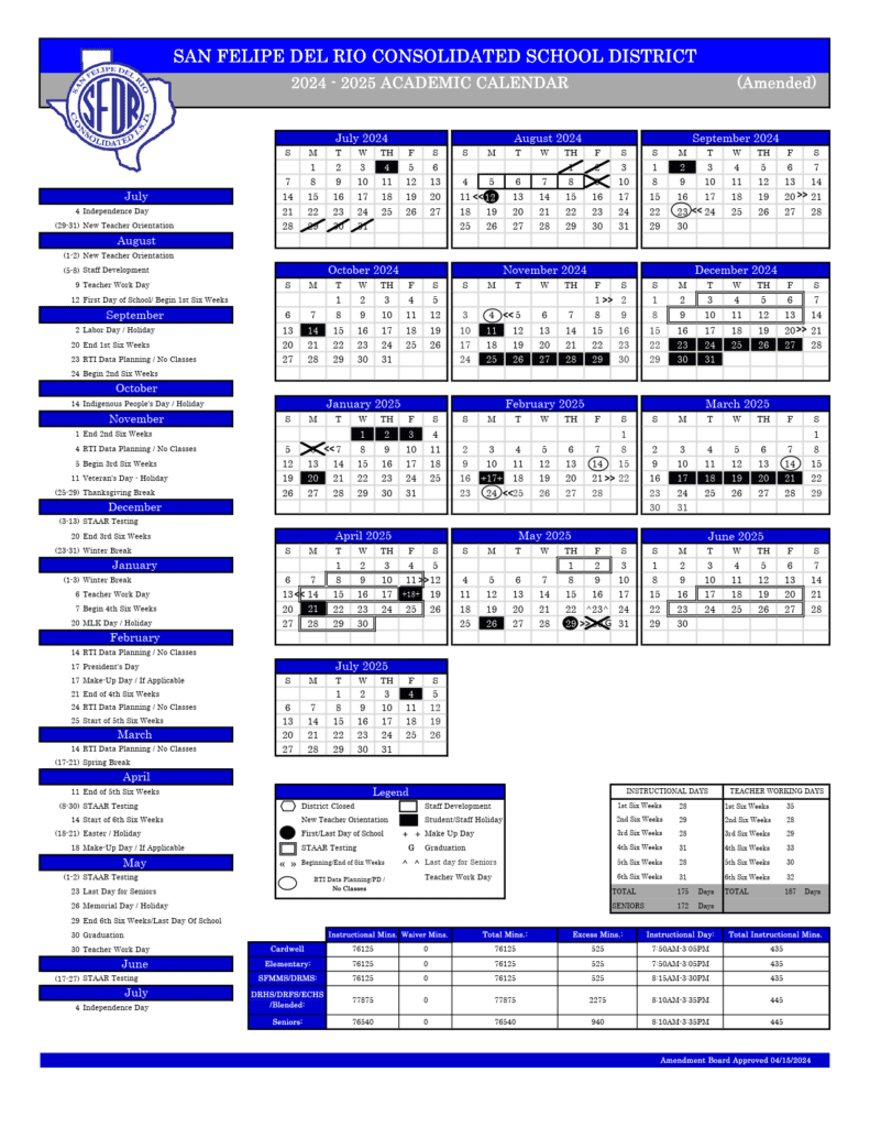 San Felipe Del Rio SFDR CISD school calendar