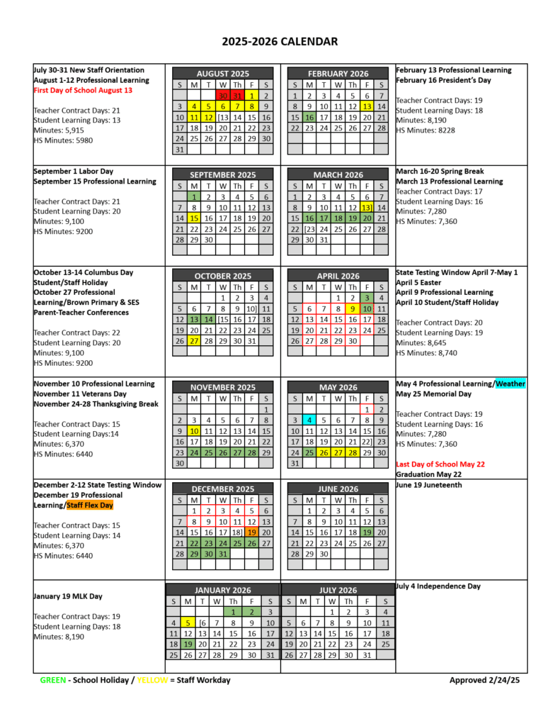 Smithville SISD School Calendar 25-26