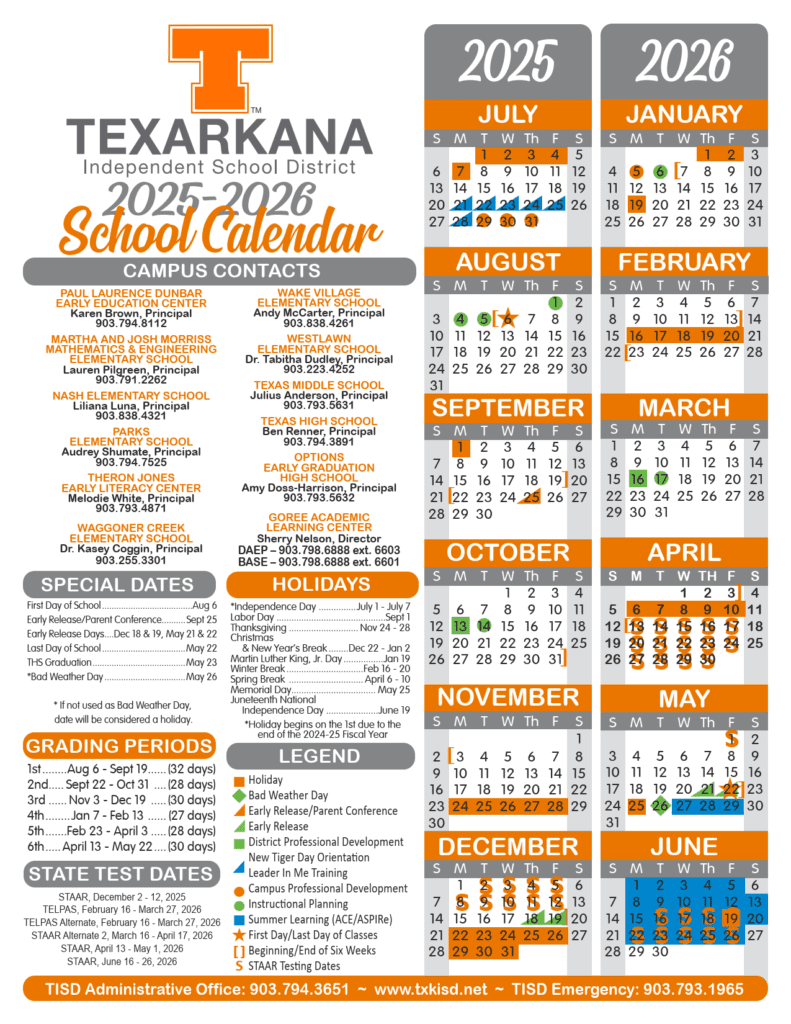 Texarkana ISD School Calendar 25-26