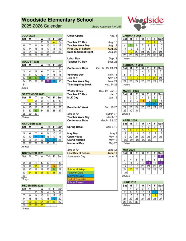 Woodside Elementary School calendar 25-26