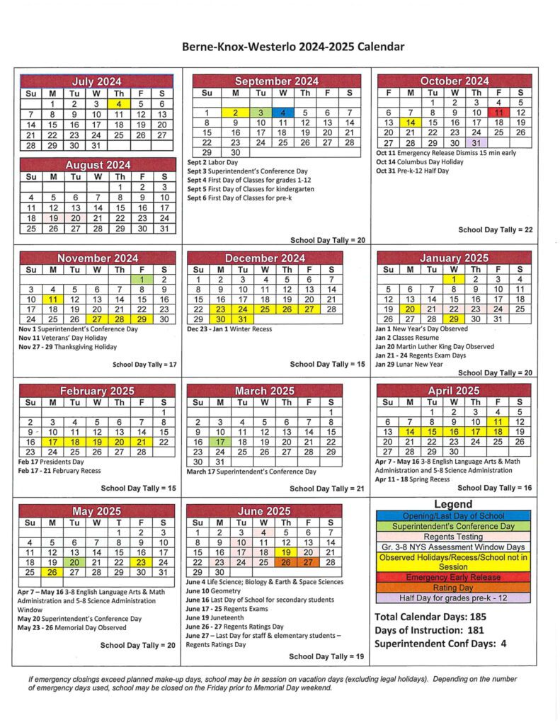 Berne-Knox-Westerlo calendar