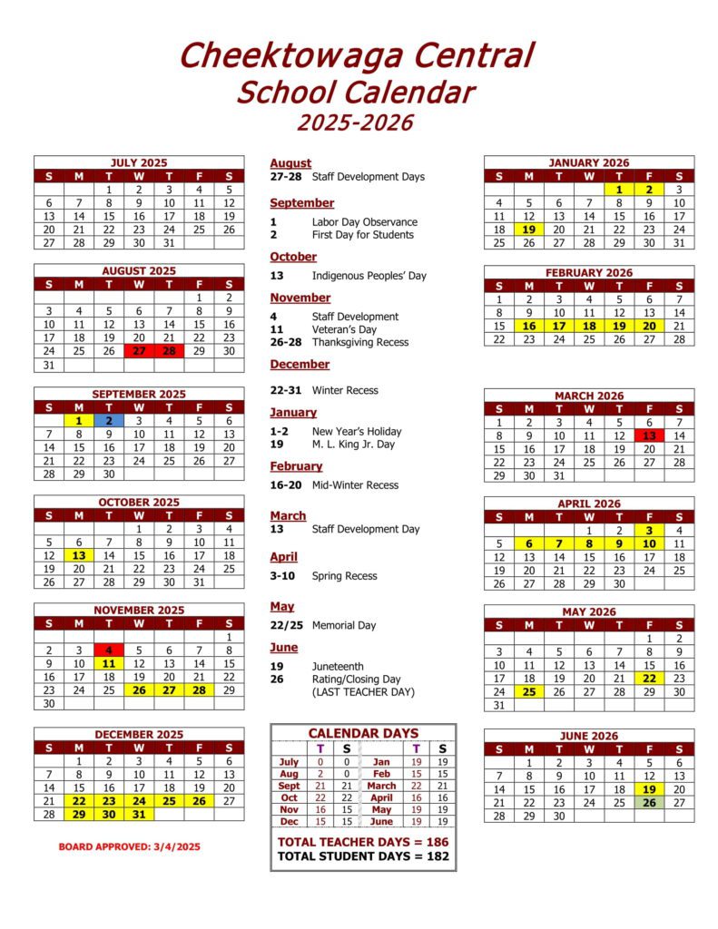 Cheektowaga CSD Calendar