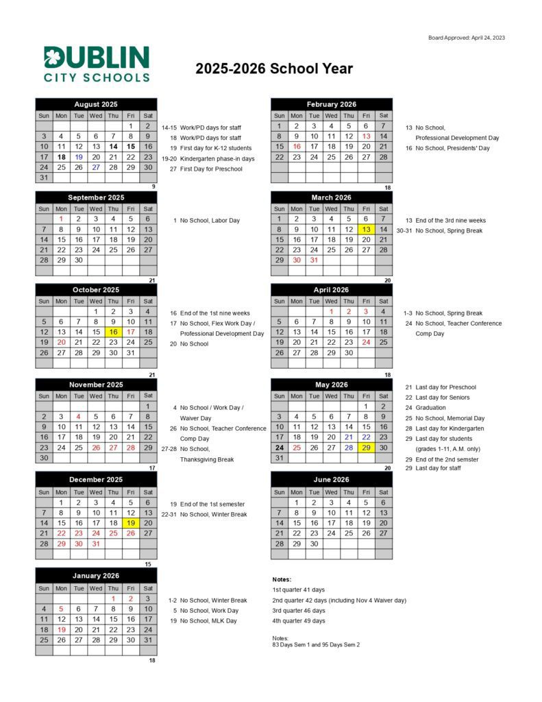 Dublin City Schools calendar