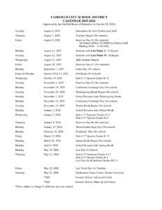 fairfield city school district calendar revised