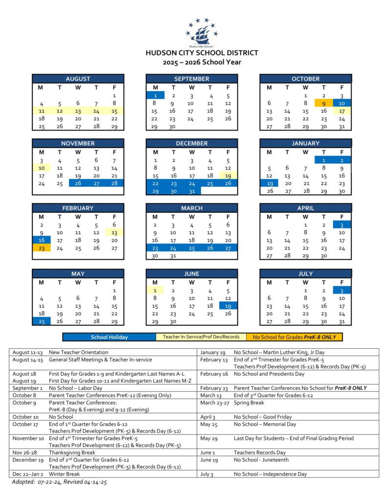HUDSON CITY SCHOOL DISTRICT CALENDAR