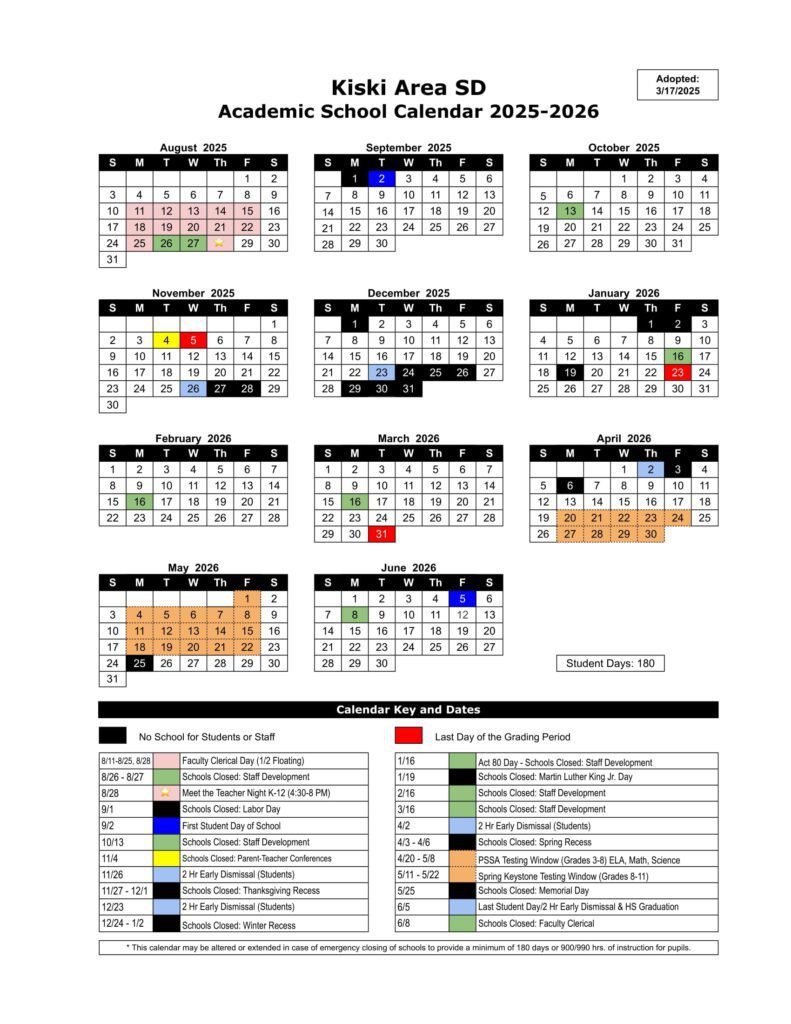 Kiski Area School District Calendar