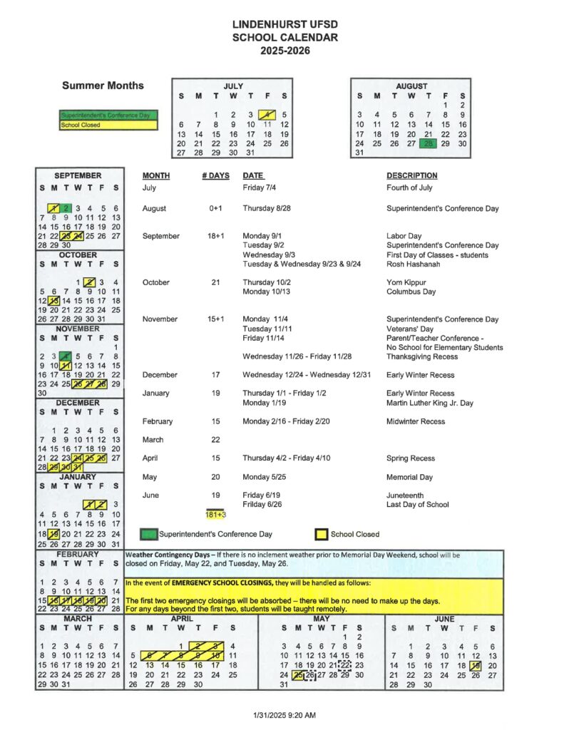 LINDENHURST UFSD calendar