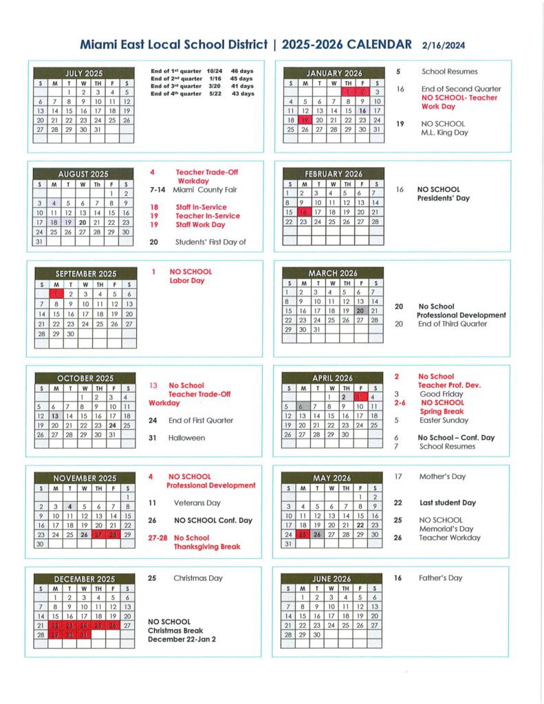 Miami East Local School District calendar 25-26