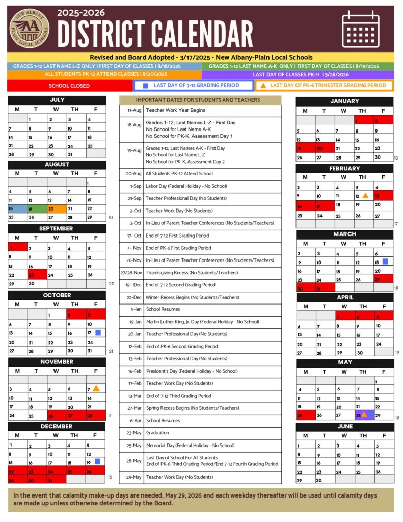New Albany Plain Local Schools calendar