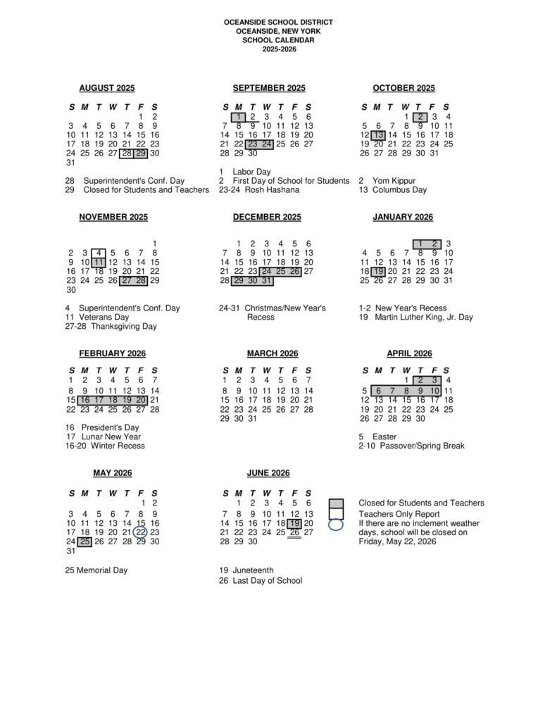 Oceanside School District Calendar