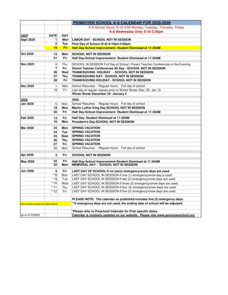 Pennoyer school district 79 K8 calendar