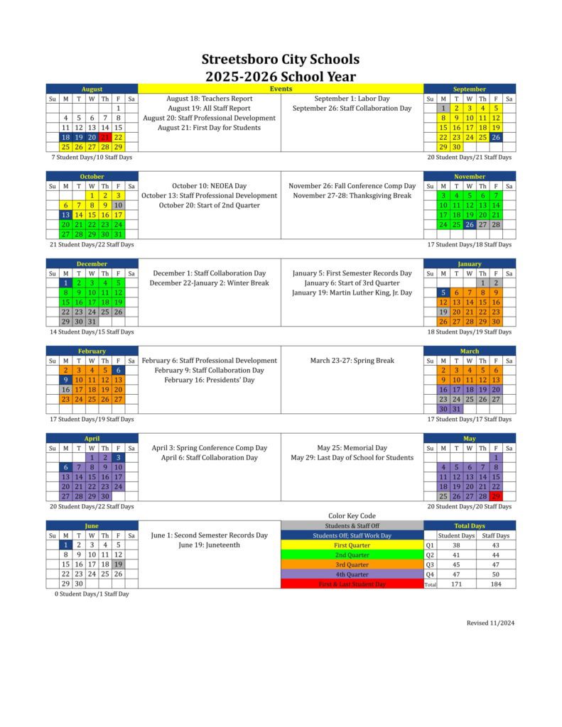 Streetsboro City Schools calendar revised
