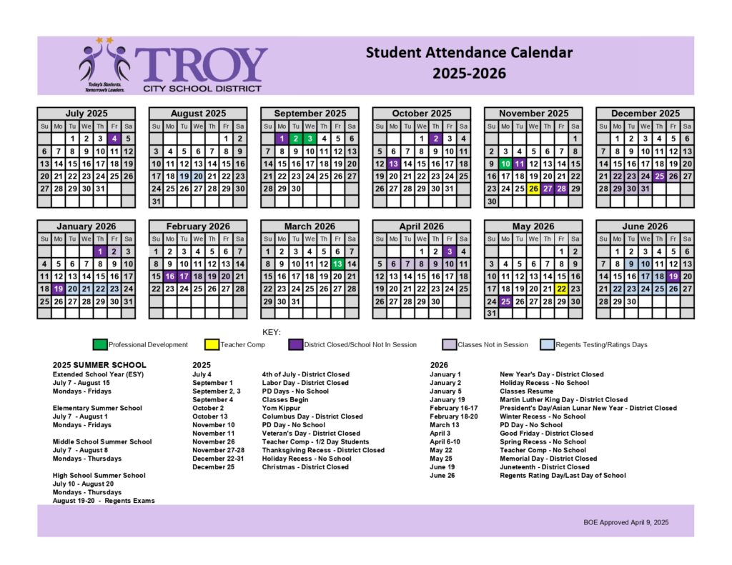 Troy City School District calendar