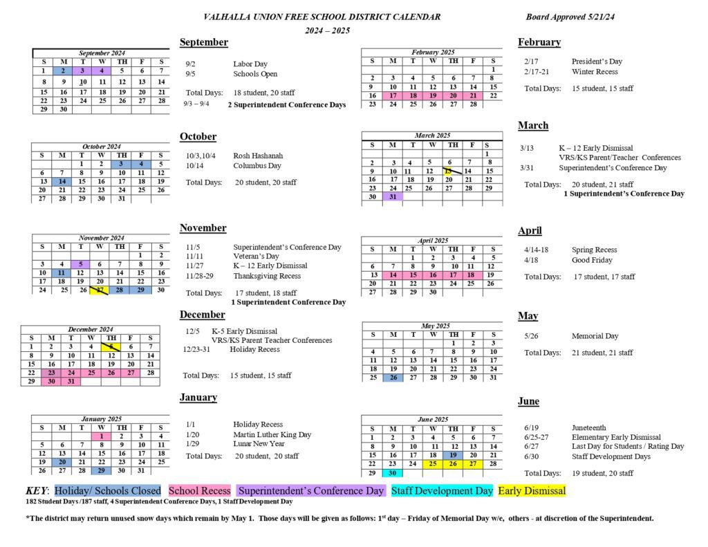 VALHALLA UNION FREE SCHOOL DISTRICT calendar